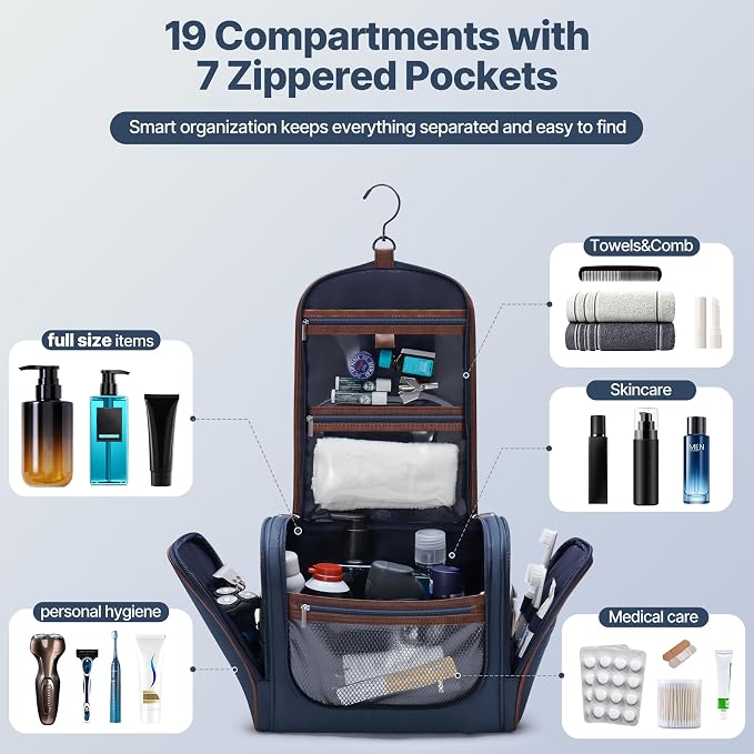 ZAHNI Men’s Hanging Toiletry Bag, Large Capacity Toiletry Organizer | Water-Resistant Toiletry Bag With 360° Hook, Multiple Compartments For Grooming & Shaving, Ideal For Travel & Business, Navy - Image 3