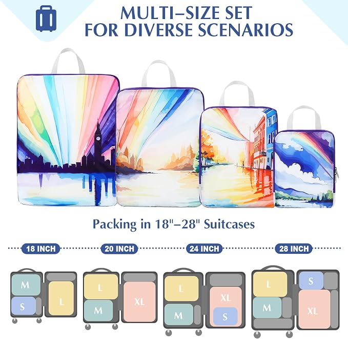 Gonex Compression Packing Cubes, 4pcs Expandable Storage Travel Luggage Bags Organizers, Travel Cubes for Suitcase Carry On (Rainbow) - Image 2
