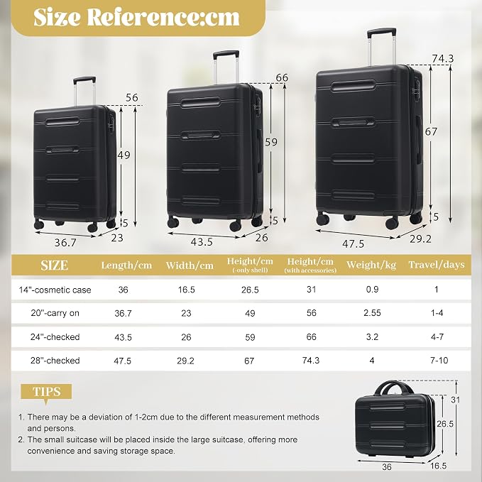 6 Pcs ABS Hardshell Luggage Set Spinner Wheel Suitcase Suitcase All Black - Image 7
