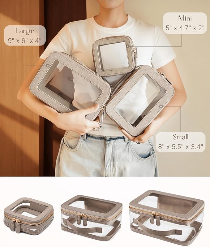 Clear Cosmetic Bag Set for Women Makeup Bag with Handle, 3 Pcs Travel Toiletry Bag Transparent Cosmetic Case Portable Make Up Organizer Bag for Essentials (Stone, Mini+S+L) - Image 3