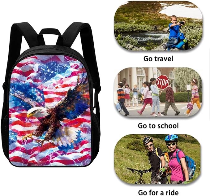 Lightning Eagle American Flag Print Backpack Set for Boys and Girls, Large Lightweight July 4th Students Schoolbag Set, Knapsack Set with Portable Lunch Box Pencil Case - Image 3