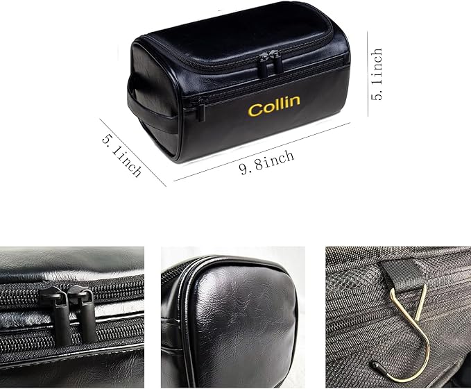 GOPHIE Personalized Embroidered Men's Leather Toiletry Bag,Travel Toiletry Bag for Men,PU Leather Waterproof Travel Shaving Dopp Kit (1, Black) - Image 2