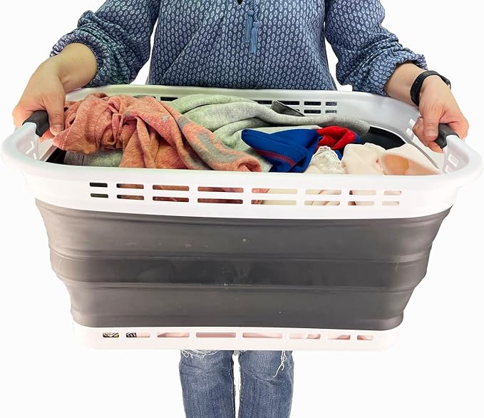 SAMMART 42L (11 gallons) Collapsible Plastic Laundry Basket - Portable Pop Up Storage Container/Organizer - Portable Hamper - Space Saving Easy Storage (White/Asphait (Set of 2)) - Image 6