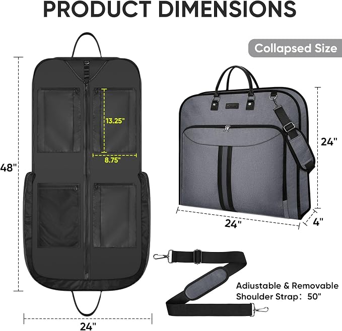 BALEINE Travel Garment Bag, Travel Suit Bag for Men, Water Resistant Carry on Garment Bag for Hanging Clothes, Garment Duffel Bag for Travel Business (Grey, 48") - Image 3