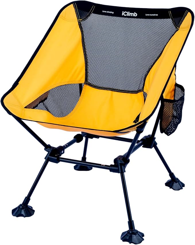 iClimb Ultralight Compact Camping Folding Beach Chair with Anti-Sinking Large Feet and Back Support Webbing (Yellow - Square Frame - 2PC) by iClimb