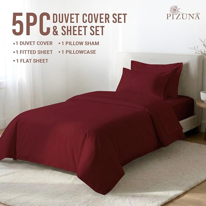 Pizuna Pure 100% Long-Staple Cotton Duvet Cover + Sheet Set Twin, Luxurious 400 Thread Count Long Staple Cotton, Soft Sateen Weave Bedding Set (Rio Red) - Image 3