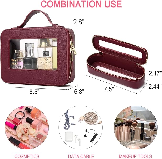 Pinkmik Travel Clear Makeup Bag with Brush Bag Portable Cosmetic Bag Case Transparent Toiletry Bag Cosmetic Organizer Storage Bag for Women (X/Burgundy, L+SLIM) - Image 4