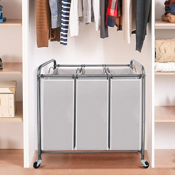 STO STO Laundry Sorter 3 Section, 3 Bag Clothes Hamper, Rolling Laundry Cart Basket with Heavy Duty Lockable Wheels and Removable Bag for Laundry Room, Bedroom, Closet, Gray - Image 3