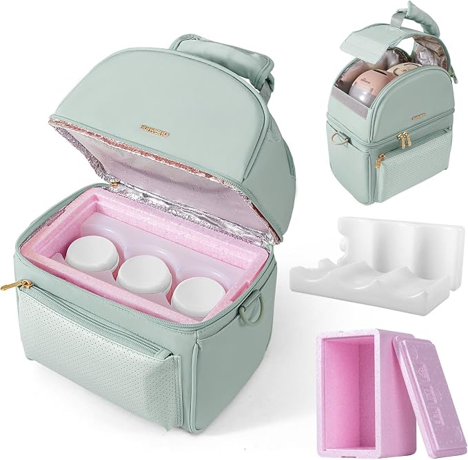 SUNVENO Breast Milk Cooler Bag with Detachable Insulation Box, Double-Layer Pumping Travel Bag for Work & Daycare, Fits Bottles, Ice Packs and Pump Parts,Green by SUNVENO