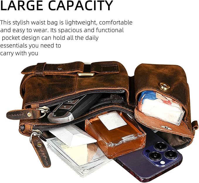 Water Resistant Canvas + Leather Hiking Riding Travel Fanny Waist Pack Small Phone Pouch For Men Women FB811-29 (Z-8135-100% Leather) - Image 6
