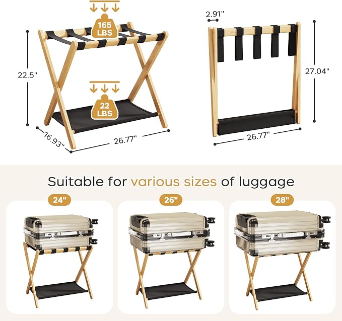 oakvivo Fully Assembled Luggage Rack, 26.77" Natural Luggage Rack for Guest Room, Bamboo Folding Suitcase Stand with Fabric Storage Shelf, Heavy Duty 5 Nylon Straps Luggage Holder for Hotel, 1 Pack - Image 2