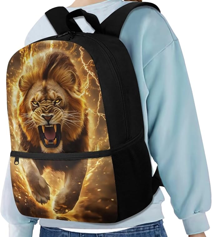 Lion Boys School Bag Yellow Backpack with Lunchbox Pencil Case and Bottle Holder Bookmark Set of 5 Printed Backpack Matching 5Pcs Bookbag Set for Girls - Image 2