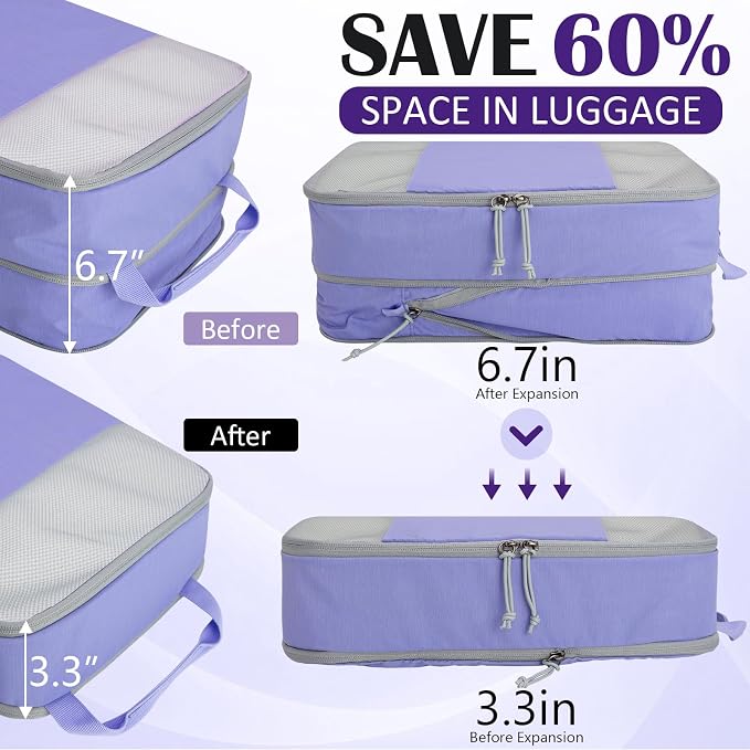 Extra Large Compression Packing Cubes, 2 Set Compression bags for Travel Packing Organizer, Expandable Compression Cubes for Travel, Purple Mesh - Image 2