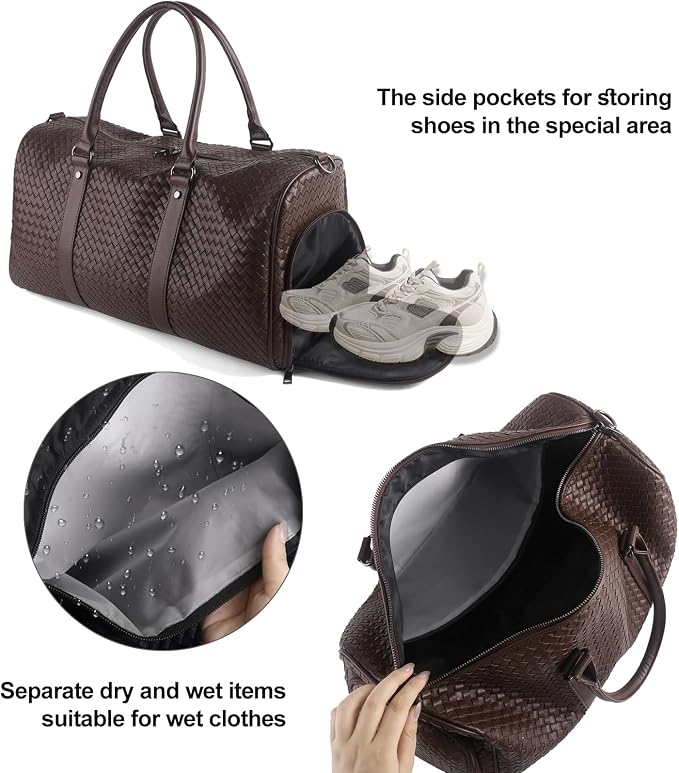 Weekender Bag for Women Men Water-resistant Gym Tote, Leather Woven Travel Duffel Bags with Shoe Compartment - Image 4
