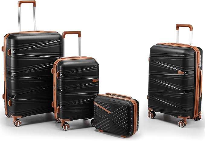 TRAVELEO 4 Piece Luggage Set PP Hardshell, Expandable Suitcase Set (20/24/28) with 14" Cosmetic Case, Lightweight Spinner Wheels with TSA Lock, Detachable Wheels for Nesting Storage (Black) by Unknown