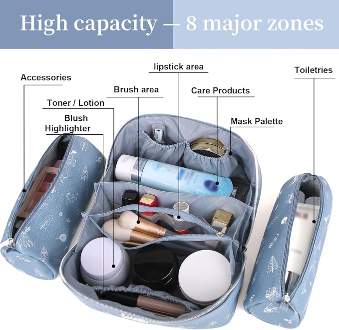BOYATU Travel Makeup Bag Cosmetic Bags for Women: 3 Pcs Set Portable Make up Bag with Handle - PU Leather Toiletry Bags with Compartments - Makeup Organizer for Travel Essentials(L-2-Blue) - Image 5