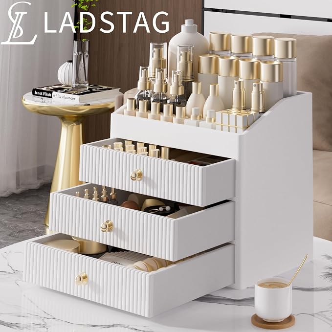 LADSTAG Vanity Organizers,Luxury Skincare Organizer with 3 Tier Drawers,Beige White Large Capacity Cosmetic Organizer Countertop for Makeup Brush,Dresser,Bedroom,Bathroom,Mom Gifts,Mom Birthday Gifts - Image 2
