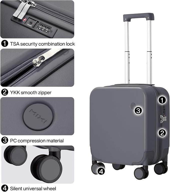 mixi 14 Inch Underseat Luggage Carry on Suitcase Free Boarding Personal Item Suitcases with Spinner Wheels Hardshell Lightweight PC for Short Travel, Rock Gray - Image 4
