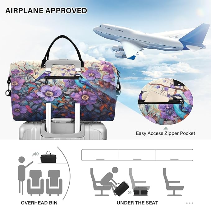 Birds under The Purple Flower Travel Duffle Bag Gym Yoga Carry on Bags for Men Women Weekender Bag - Image 5