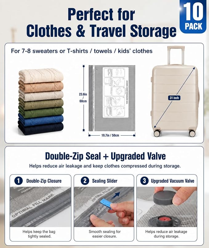 Fantictas Vacuum Storage Bags, 10 Small Space Saver Bags with Hand Pump 80% Space Saver Vacuum Seal Bags Vacuum Seal Compression Bags for Clothes, Travel Luggage, Closet, Dorm, Moving - Image 3