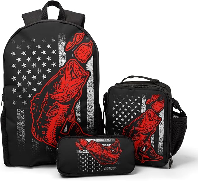 Giwawa Bass Fishing Lure Teens School Backpack Set American Flag Canvas Girls Boys School Bags Travel Bookbags 3 in 1 by Giwawa