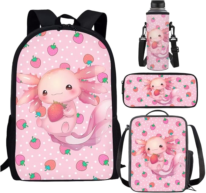 Axolotl Backpack with Lunch Box Kids Girls 6-8/8-10 Cherry Blossom Bookbag for 1st Grade Elementary School Book Bags Lunchbox Pencil Case Primary Back Pack Lunch Bag Water Bottle Holder Set by SCRAWLGODDreamWardrobe
