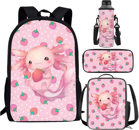 Axolotl Backpack with Lunch Box Kids Girls 6-8/8-10 Cherry Blossom Bookbag for 1st Grade Elementary School Book Bags Lunchbox Pencil Case Primary Back Pack Lunch Bag Water Bottle Holder Set by SCRAWLGODDreamWardrobe