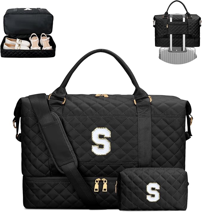 Gifts for Teen Girls Women Initial Travel Duffle Bag Quilted Weekender Carry-On Overnight with Cosmetic Bag, Gym Bag with Shoe Compartment, Black S by Unknown
