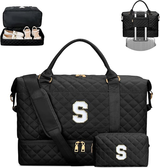 Gifts for Teen Girls Women Initial Travel Duffle Bag Quilted Weekender Carry-On Overnight with Cosmetic Bag, Gym Bag with Shoe Compartment, Black S by Unknown