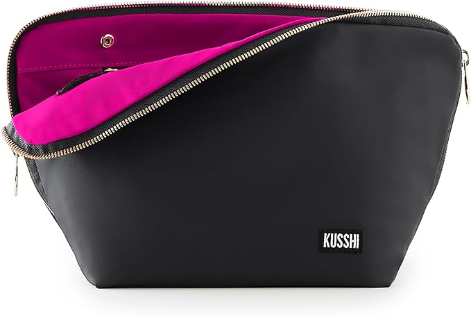 KUSSHI Washable Travel Makeup & Cosmetic Bag - Brush Organizer Sold Separately (Vacationer, Satin Black/Pink) by Unknown