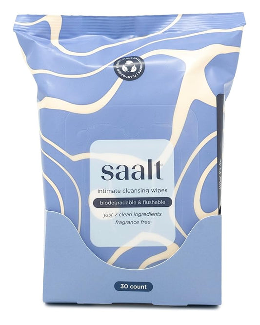 Saalt Daily Cleansing Wipes - Natural & pH Balanced Feminine Wipes - Hypoallergenic & Biodegradable - 15 Count, Travel Size Flushable Wipes