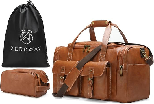 Zeroway PU Leather Travel Duffel Bag with Toiletry Dopp Kit and Laundry Bag, Weekender Overnight bag Luggage Carry-On Bag with Shoe Pouch for Men or Women Brown by ZerowayDirect