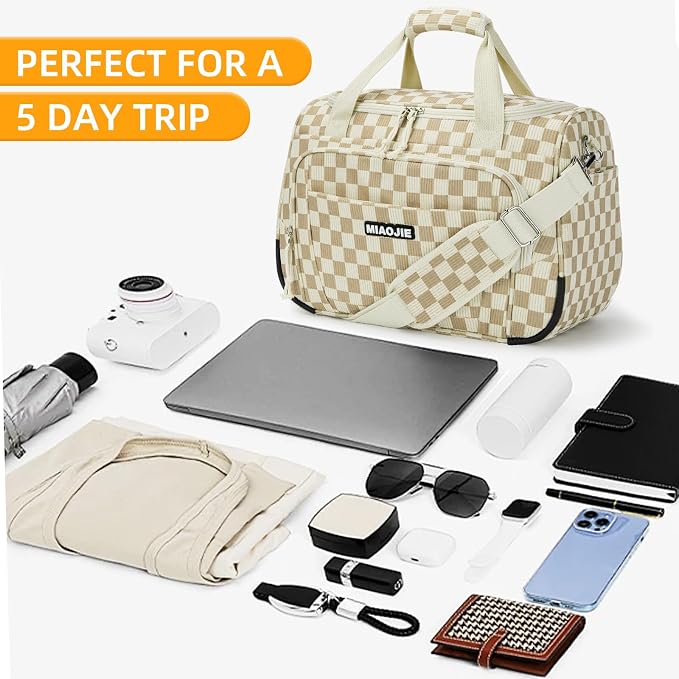 Underseat Carry On Luggage Lightweight Travel Tote Weekender Bag Overnight Duffle Bag for Travel, Travel Essentials Personal Item Travel Bag for Women, Corduroy Khaki Grid-16Inch - Image 6