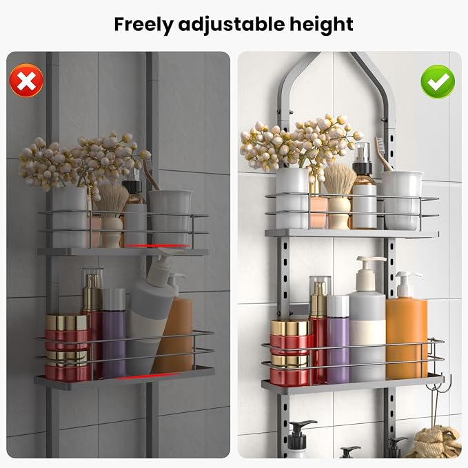 Shower Caddy Hanging (Silver), Adjustable Anti-Swing-Over The Shower Head Caddy, 3 Tier Height Bathroom Storage Organizer, Bathroom Shelves Basket Rack, Shower Caddies Rack with Adjustable Soap Basket - Image 3