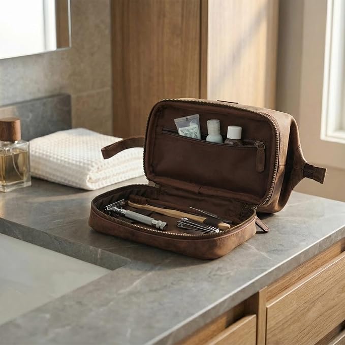 LEATHER VILLAGE Genuine Leather Dopp Kit – Large Travel Toiletry Bag with Waterproof Lining, Dual-Zip Design for Men & Women, Organizer for Shaving, Makeup & Essentials - Rustic Brown - Image 7