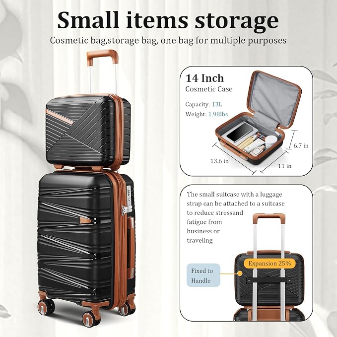 TRAVELEO 4 Piece Carry On Luggage Set 20 Inch, Expandable PP Hardshell Suitcase with Detachable Spinner Wheels & TSA Lock, Includes Cosmetic Case, Travel Tote & Toiletry Bag, Lightweight (Black) - Image 3