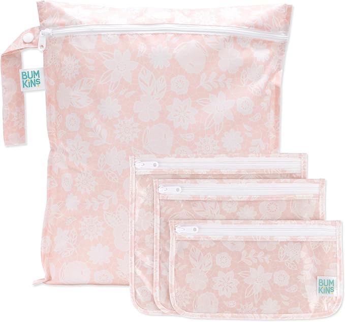 Bumkins Wet Bag and 3-Pack Clear-Sided Travel Pouches, Waterproof Organizer for Toiletries, Gym Clothes, Swim Gear, Shoes, Accessories, TSA Compliant Packing Set - Pink Lace - 4 Pack by Bumkins