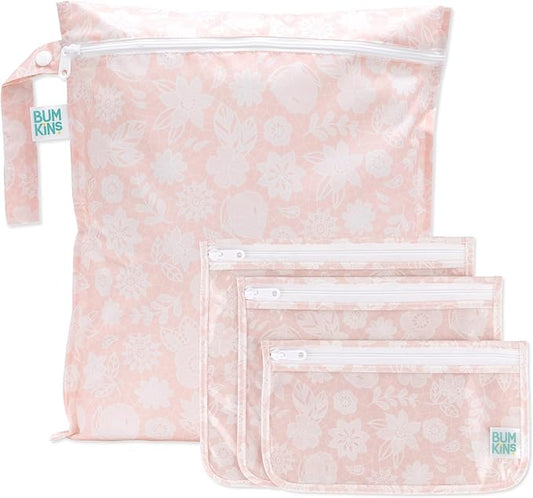 Bumkins Wet Bag and 3-Pack Clear-Sided Travel Pouches, Waterproof Organizer for Toiletries, Gym Clothes, Swim Gear, Shoes, Accessories, TSA Compliant Packing Set - Pink Lace - 4 Pack by Bumkins