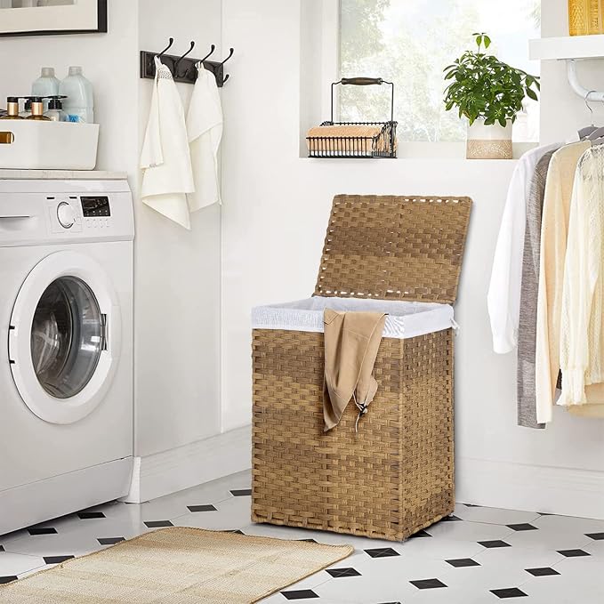 Paylesshere Laundry Basket Handwoven Laundry Hamper 90L/110L Foldable Rattan Hamper With Lid, 2 Removable Liner Bags & 6 Bags,Clothes Bathroom Basket,Natural - Image 2