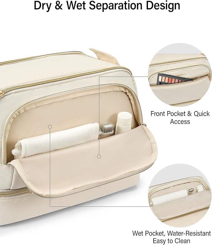Hanke Travel Toiletry Bag, Lightweight Wide-open Makeup Bag, Dual-Layer Travel Bag for Toiletries Water-Resistant Cosmetic Bags Large Toiletry Bags for Women & Men, Travel Essentials, Off White - Image 4