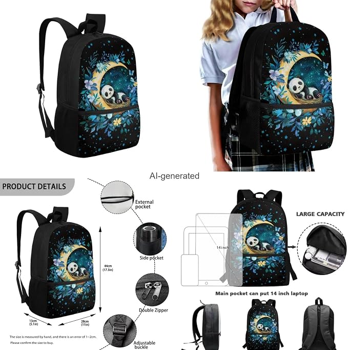 Panda Backpack for Girls Boys Backpack with Lunch Box Water Bottle Holder and Soft Pencil Case 4PCS Set Bookbag with Front Pocket for School 17 inch Sturdy School Bag with Side Pocket for Kids - Image 3