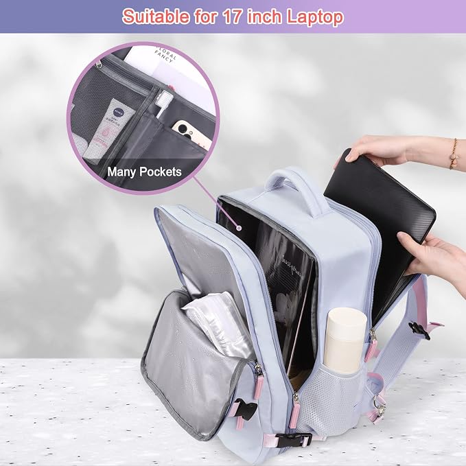 Sinaliy Carry on Backpack, Waterproof 17 Inch Laptop Backpack for Women, Flight Approved Backpack for Travel, College, Work | Waterproof Large Expandable College Bookbag, as Person Item Flight Approved with Anti Theft Pocket and Wet Pocket, Purple - Image 6