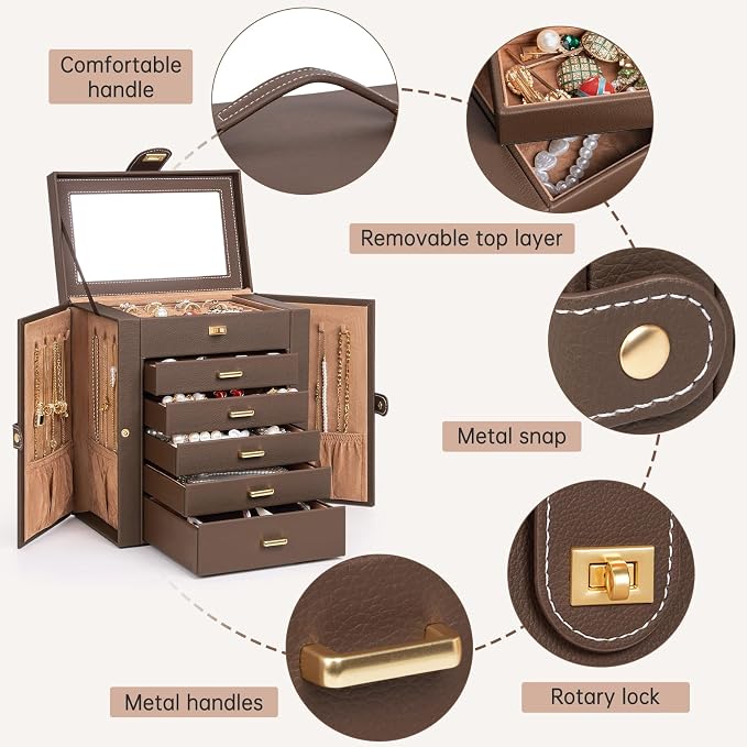 AKOZLIN 6-Tier Jewelry Box Organizer Functional 5 Drawers Leather Jewelry Storage Case for Women Girls Ring Necklace Earring Bracelet Holder Organizer with Mirror Medium Brown - Image 5