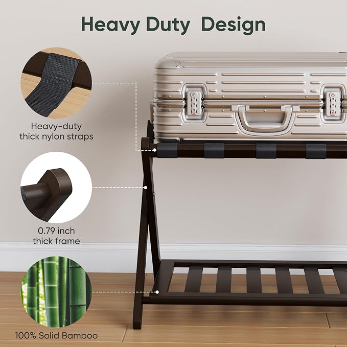 Smart FENDEE Fully Assembled Bamboo Luggage Rack, Folding Suitcase Stand with 5 Nylon Straps, Luggage Holders with Shelf, Ideal for Guest Room, Bedroom, Hotel, Espresso - Image 2