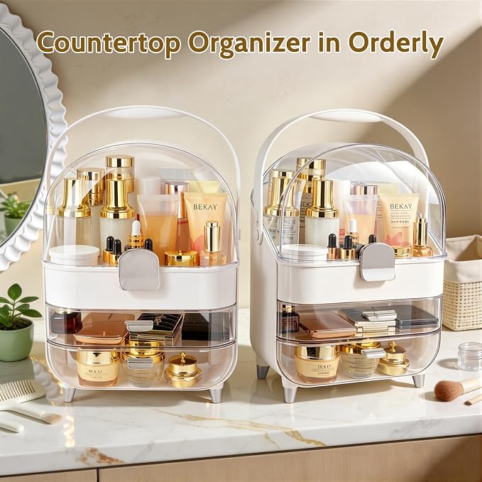 Makeup Organizer with Drawers-Cosmetic Display Case for Vanity|Skincare Organizer with 360 Rotating Brush Holder,Large Storage Box Dresser,Women Gifts Display Cases for Bathroom Countertop, Sliver - Image 4