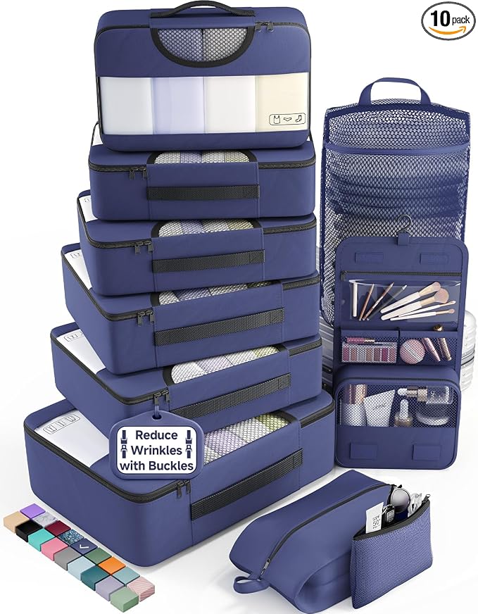Veken 10 Set Packing Cubes for Travel Essentials,Anti-Wrinkle Buckled Suitcase Organizer for Shoe & Toiletry Bag,Carry On Luggage Bag with 99+ Count Mesh Holes for Airplane & College Dorm Accessories by Veken