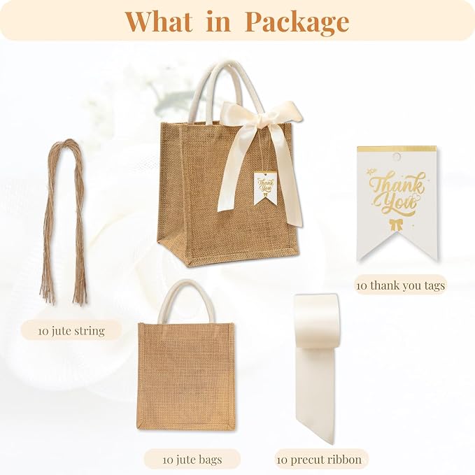 JollyFayre Small Burlap Gift Bags 10 Pack for Wedding Welcome, Bachelorette, Beach, Bridesmaid - Reusable Bulk Jute Bags with Cream Ribbons - Image 5
