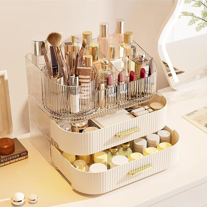 360 Rotating Makeup Organizer with Stackable Drawer, 11-inch Wide Large Cosmetic Display Case, Makeup Brush Holder, Skincare Organizers and Storage for Dresser, Vanity, Bathroom Countertop - Image 3