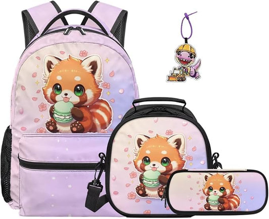 4-Piece Red Panda Girls School Backpack Set Cherry Blossom Bookbag with Insulated Lunch Bag and Pencil Case & Dinosaur Charm, Water Resistant Back to School Supplies by Dremagia
