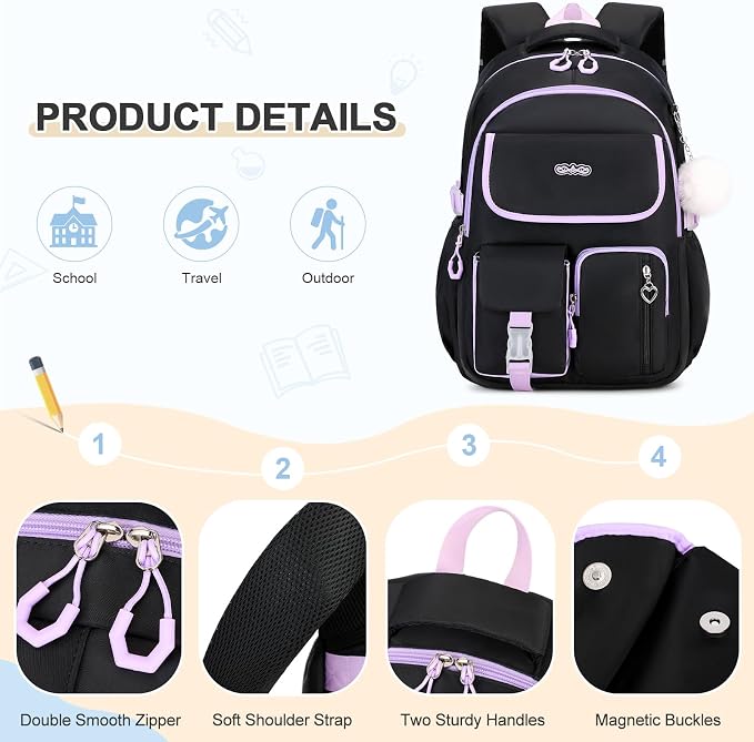 DIGOBAY Backpacks for Girls, 6PCS School Backpack with 14OZ Water Bottle Lunch Box Pencil Pouch for Teen Girls Kids Elementary Primary Middle High College Travel School bag Bookbag Set - Image 4